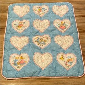 Vintage Baby Blanket Blue and Pink Heart Patterned Quilt 33”X40”